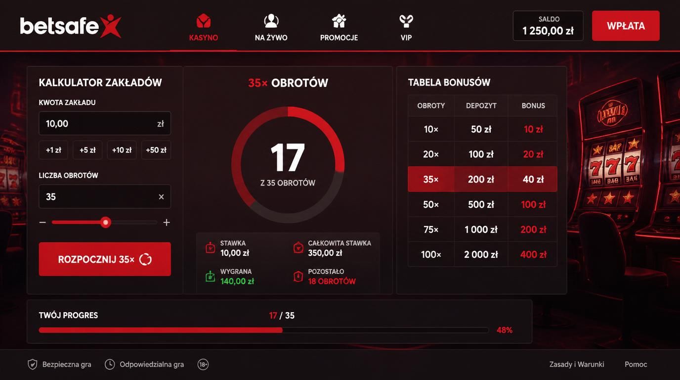 kalkulator i tabela obrotu bonusowego 35× z ikonami slotów