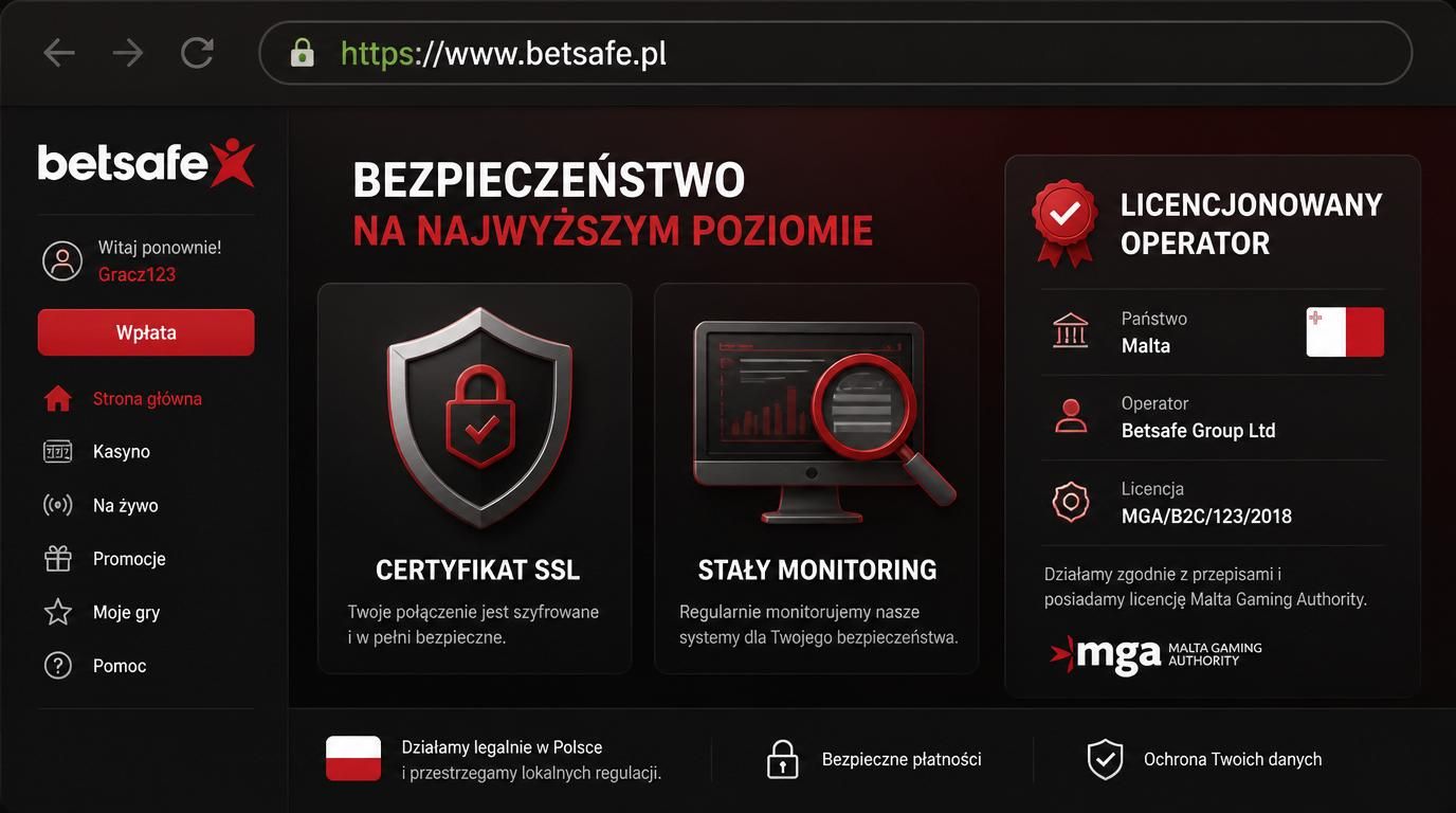 pasek przeglądarki z kłódką i informacjami o licencji Betsafe, z akcentem Polski