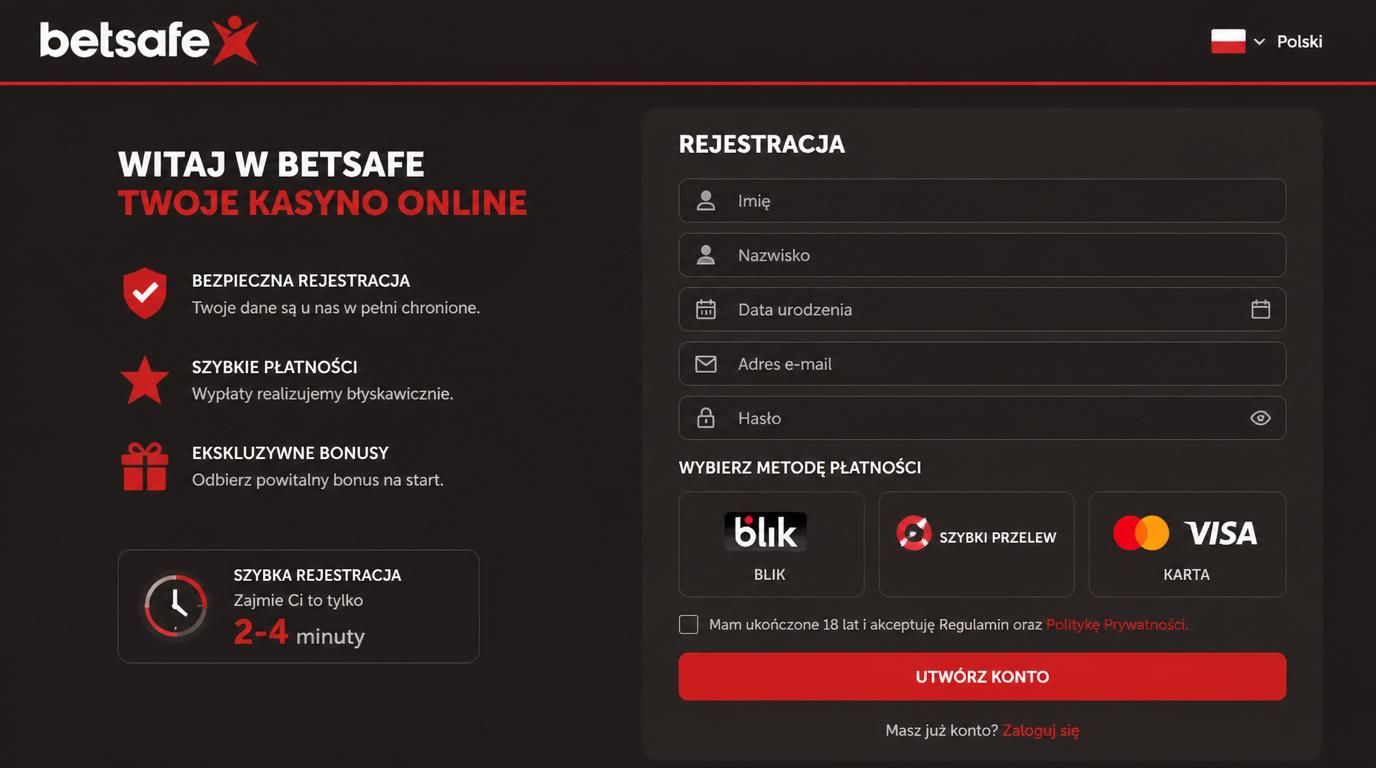 formularz rejestracji kasyna z polskimi polami i flagą Polski