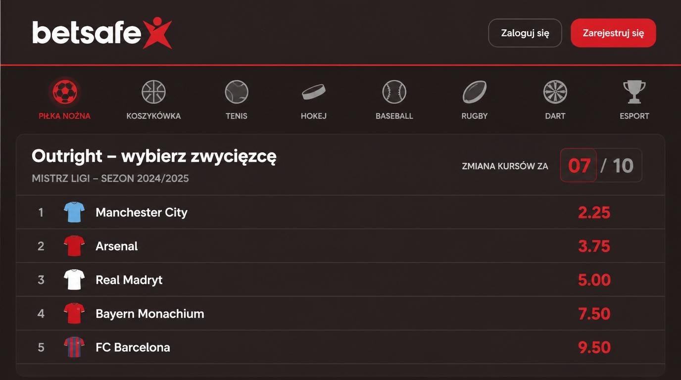 Interfejs zakładów outright z różnymi sportami i kursami