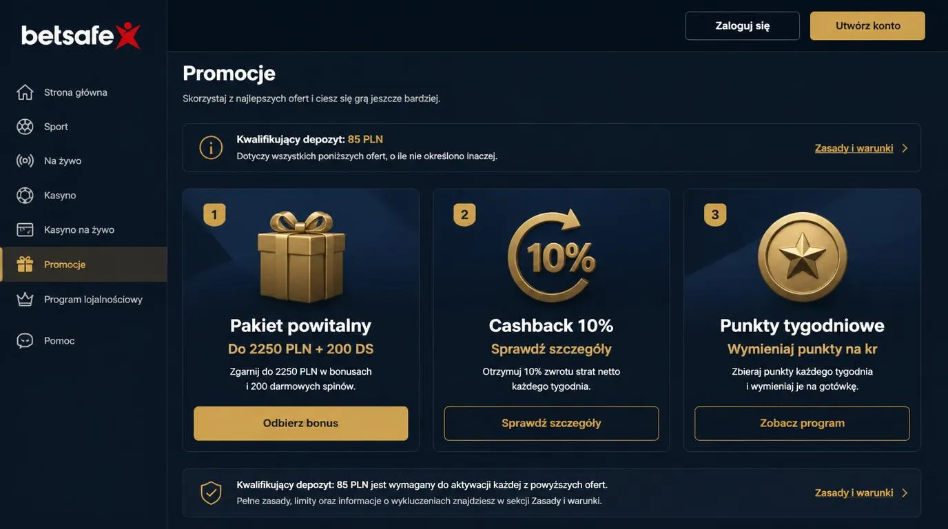 Panel promocji kasyna z ofertą powitalną, punktami tygodniowymi i informacją o depozycie