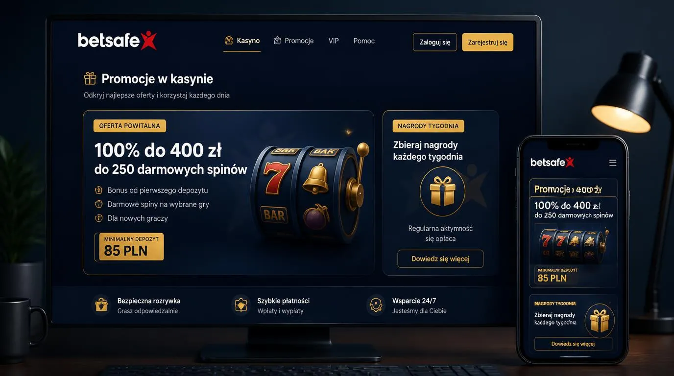 Ekran promocji kasyna z bonusem powitalnym, minimalną wpłatą 85 zł i darmowymi spinami